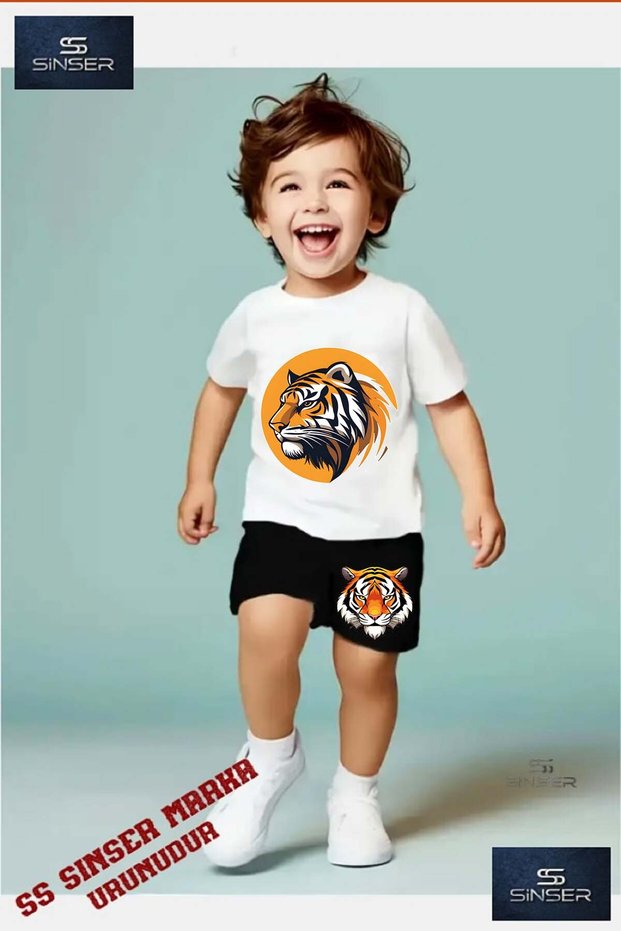 Children's “Tiger Head Circle“ Special Printed Crew Neck T-Shirt - Shorts Set