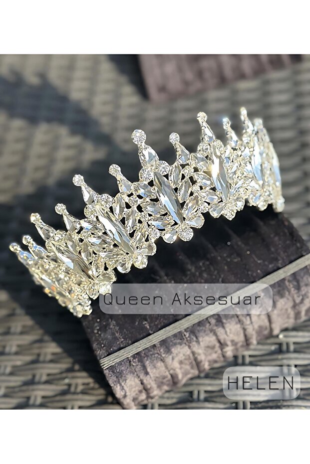 Helen Diamond White Crystal Stone Luxury Design Engagement Bridal Tiara Metal Crown High Authentic Motif