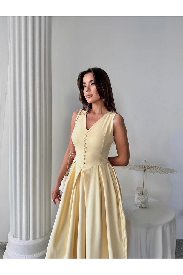 Sarı Pileli Düğme Detaylı Midi Elbise - 3