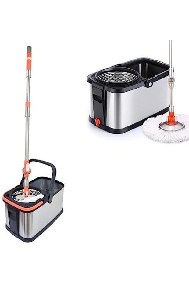 Spin Cycle Mop Bucket System Stainless Steel Bucket and Mop Set 360° Rotating Mop for Floor Cleanin