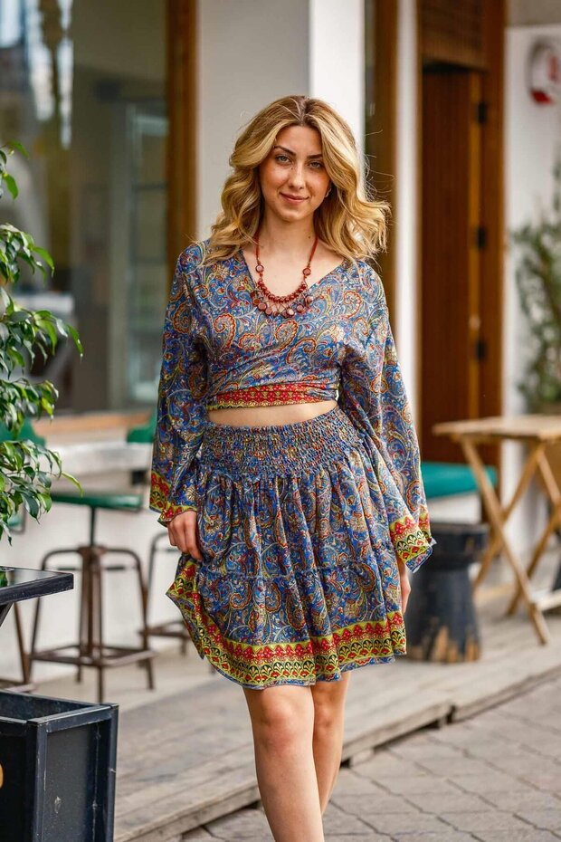 Blue Floral Patterned Silk Short Skirt Blouse Set
