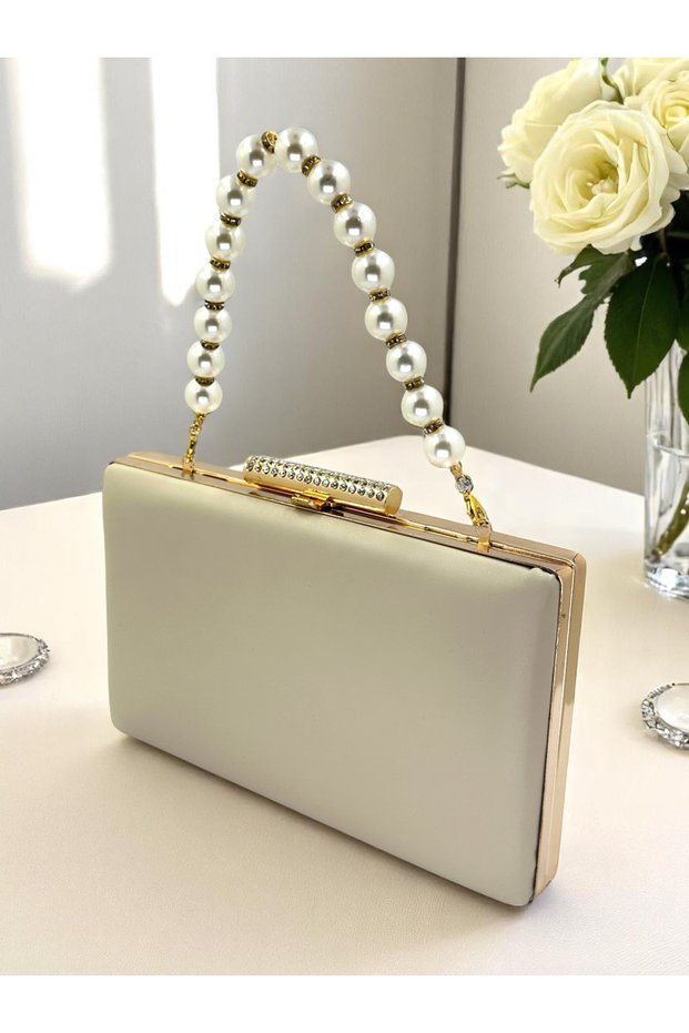 Skin Color Matte Skin Leather Pearl Handle Gold Detailed Women's Evening Dress Bag Wedding Engagement Graduation
