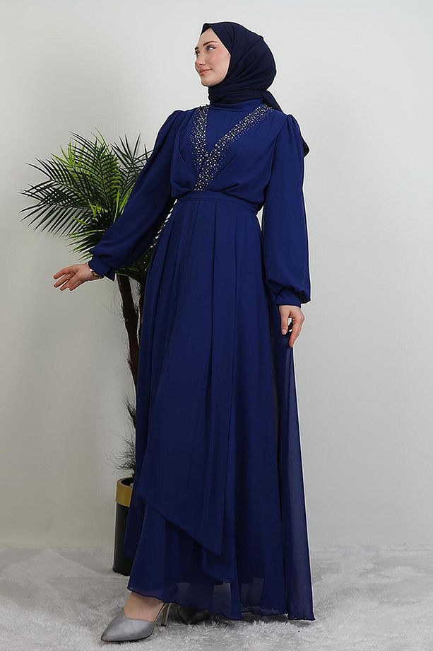 Taşlı Çapraz Şifon Elbise Gece Mavi - 4