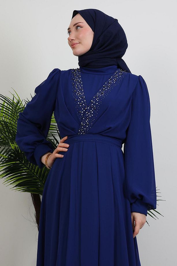 Taşlı Çapraz Şifon Elbise Gece Mavi - 6