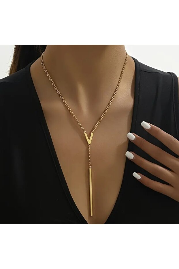 Women's V Patterned Long Tassel Minimalist Necklace Tm5353