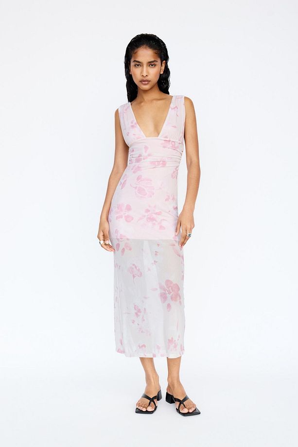 Pembe çiçekli midi elbise - 2