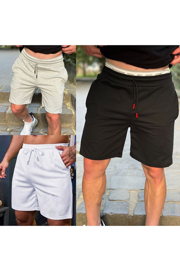 Erkek 3lü Set Penye Kumaş Düz Şort Slımfit Kalıp - 1