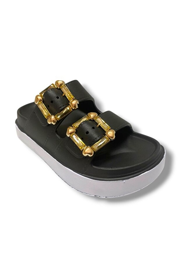 Akınal E474.Z.0000-25 Eva Gold Buckle Double Tape Women's Slippers