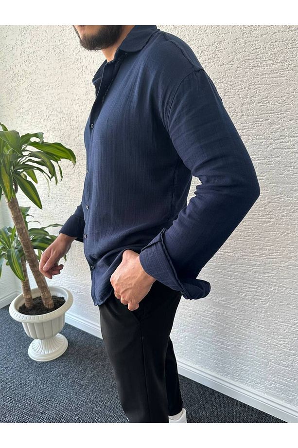 Erkek Oversize Müslin Kumaş %100 Pamuk Uzun Kol Gömlek - 2
