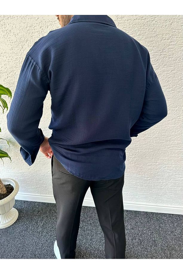 Erkek Oversize Müslin Kumaş %100 Pamuk Uzun Kol Gömlek - 3