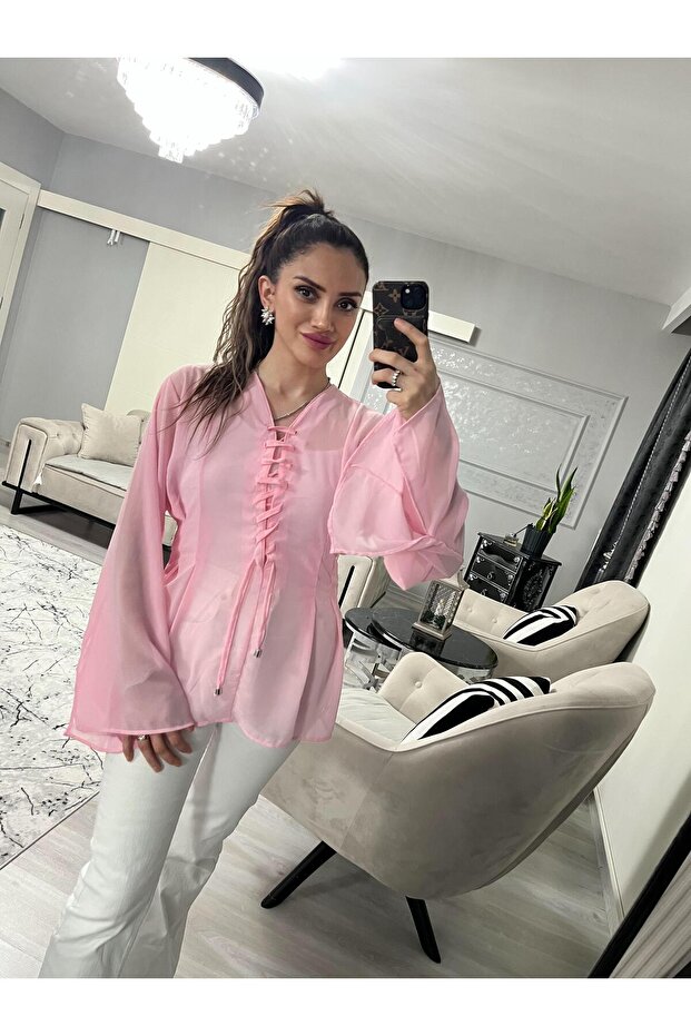 Şifon Pembe Bluz - 1