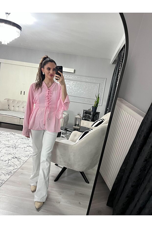 Şifon Pembe Bluz - 4
