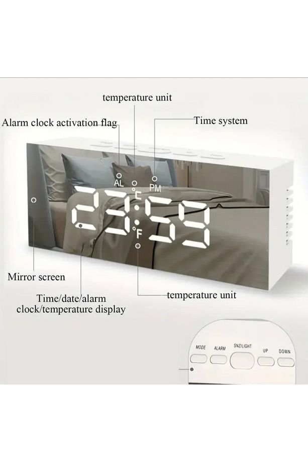 Aynalı Çalar Saat Alarm Takvim Led Dijital Masa Saati - 5