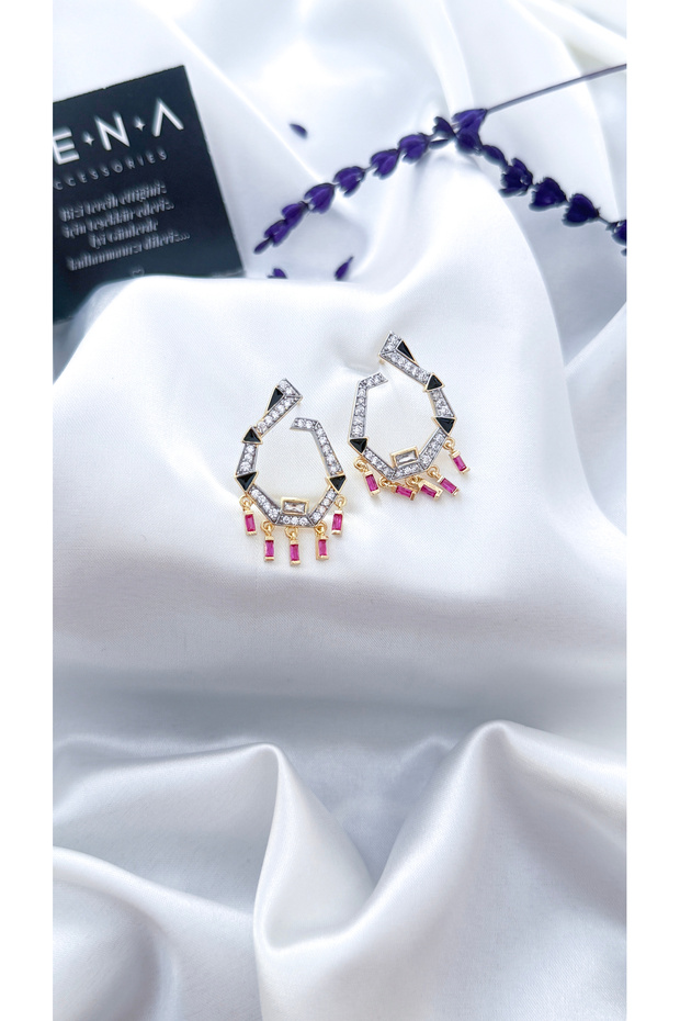 Özel Seri Triangle Pembe Taş Detaylı Küpe - 2