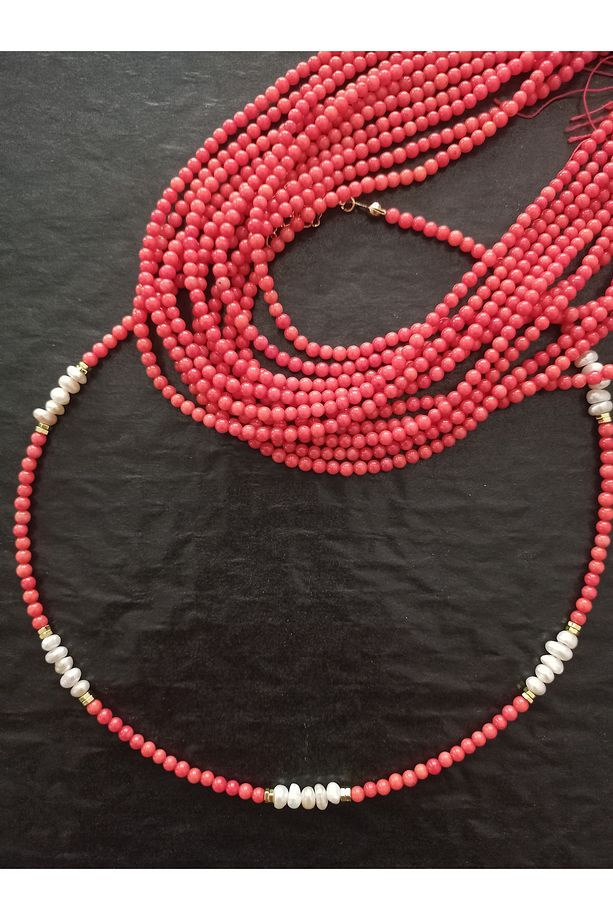 3 mm mercimek mercan , 3 mm rondela rose kum inci tasarım kolye - 8