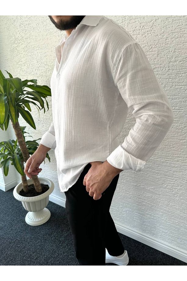 Erkek Oversize Müslin Kumaş %100 Pamuk Uzun Kol Gömlek - 2