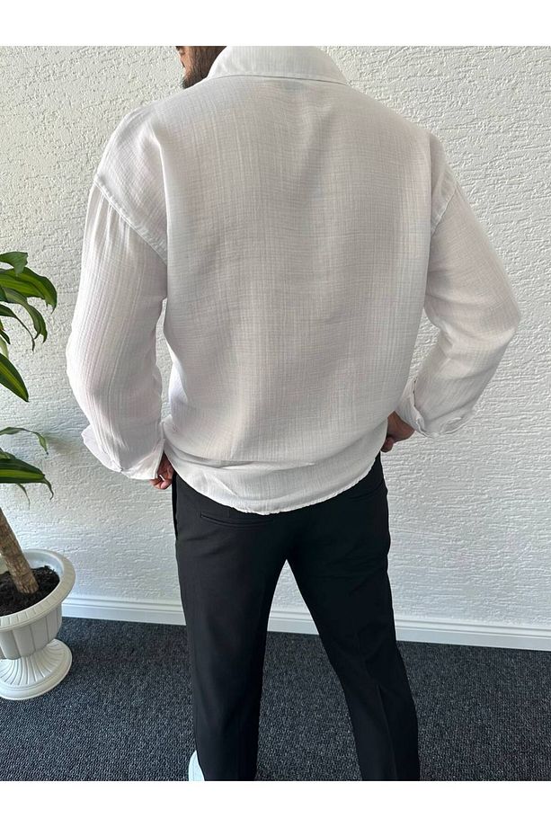 Erkek Oversize Müslin Kumaş %100 Pamuk Uzun Kol Gömlek - 3