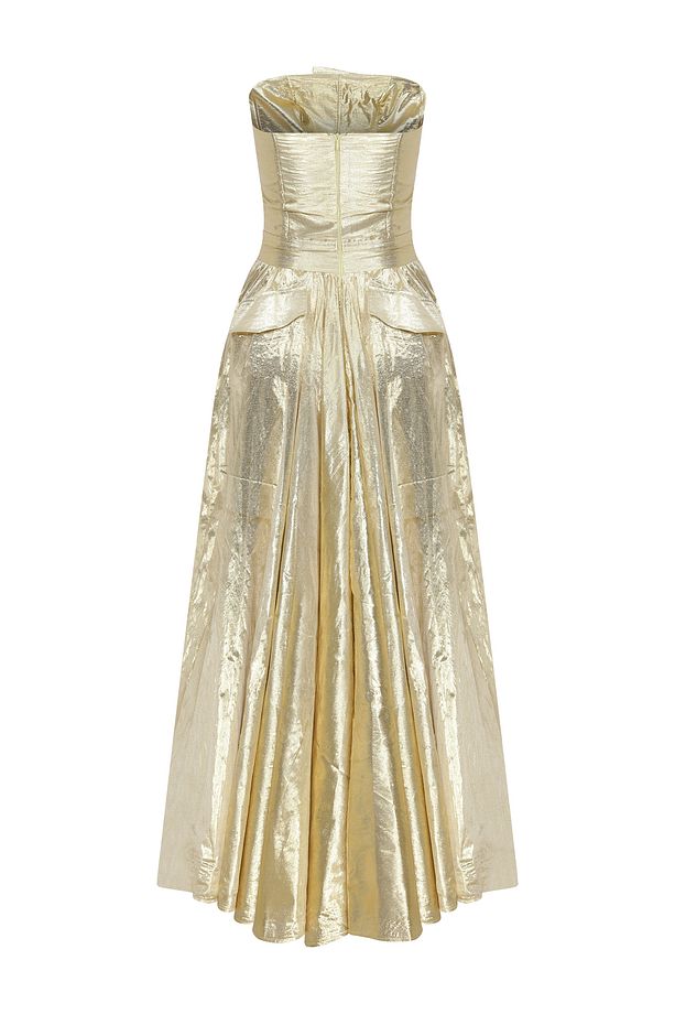 Cep Detaylı Gold Straplez Maxi Davet Elbisesi - 2