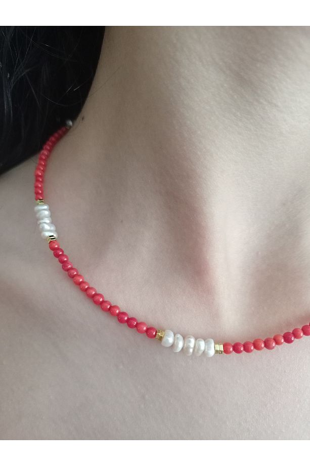 3 mm mercimek mercan , 3 mm rondela rose kum inci tasarım kolye - 2