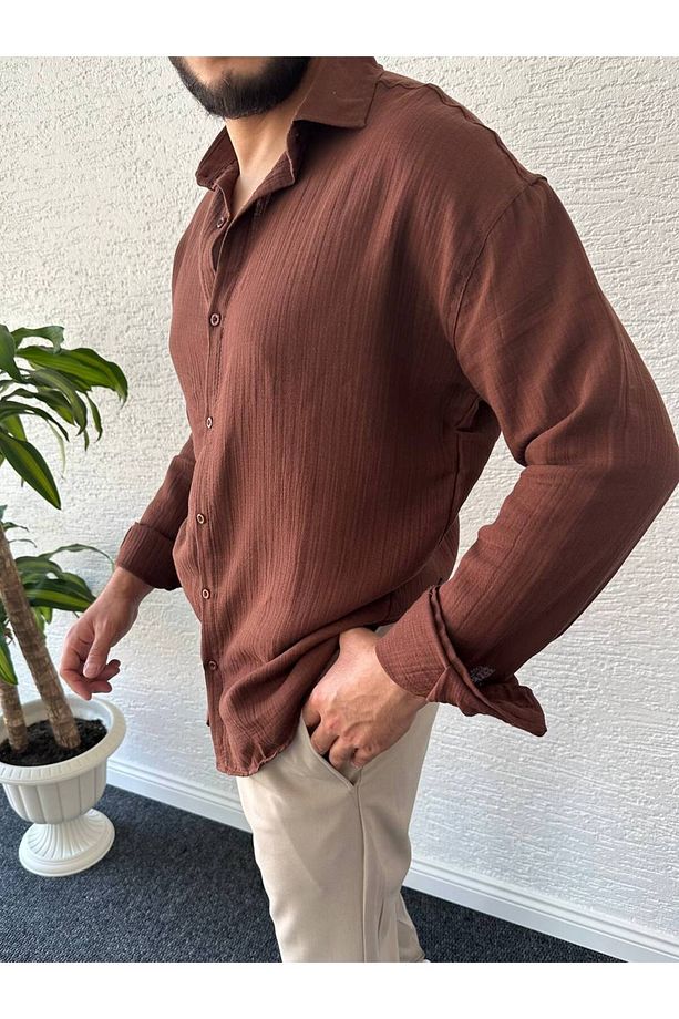 Erkek Oversize Müslin Kumaş %100 Pamuk Uzun Kol Gömlek - 2