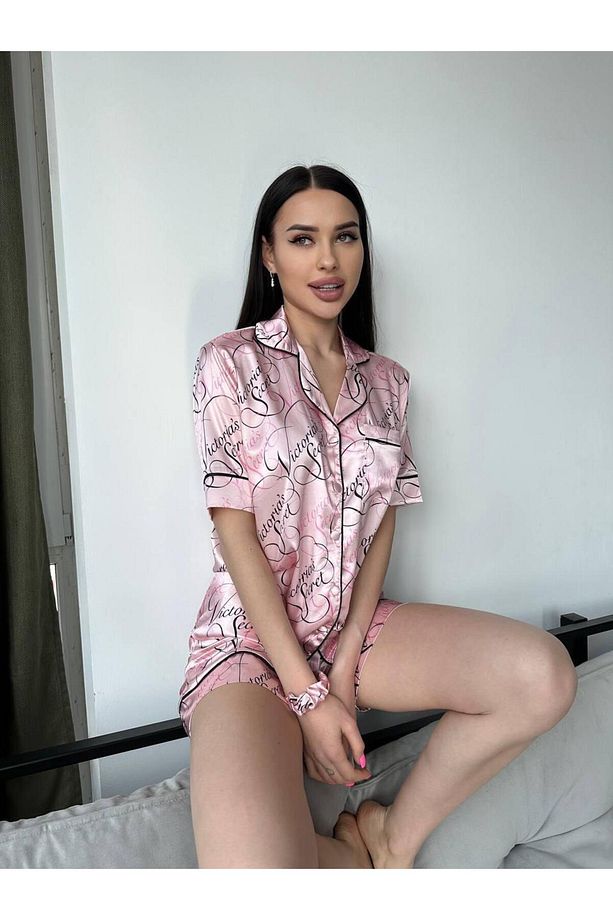 pembe kalpli saten şortlu pijama takımı - 3