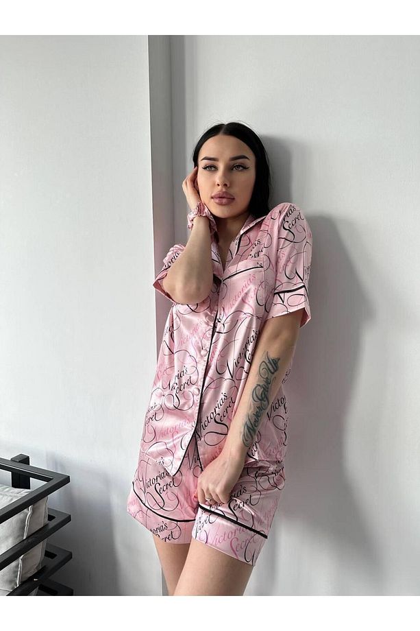 pembe kalpli saten şortlu pijama takımı - 2