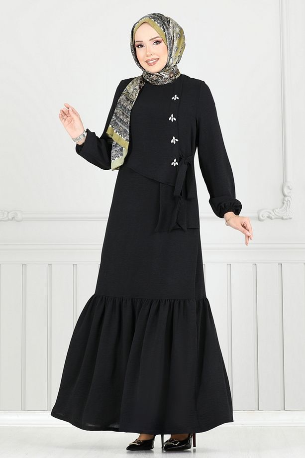 Önü Taşlı Tesettür Elbise 2680SL432 Siyah - 3