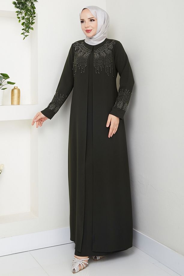 Taş Detay Elbise Ferace 2032OZT1013 Haki - 2