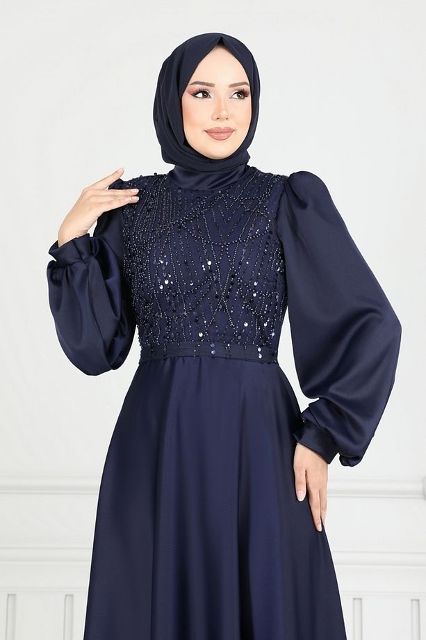 Boncuk İşlemeli Saten Abiye 5691EDF311 Laci - 4