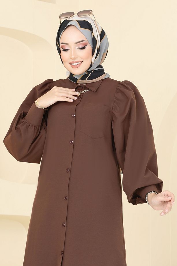 Balon Kollu Tesettür Tunik 3039KTR750 Açık Kahve - 4