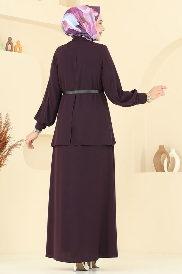 Asimetrik Kesim Elbise Ferace 112OZT1013 Mürdüm - 6