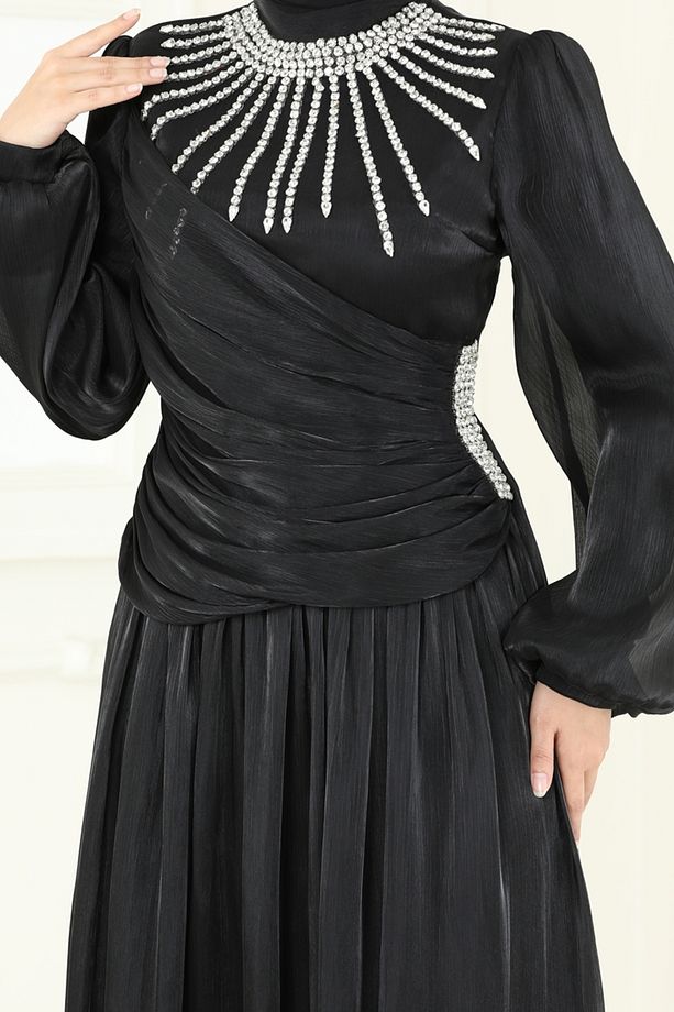 SUAL Önü Taşlı Organze Abiye 6238LPN858 Siyah - 5