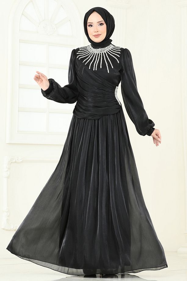 SUAL Önü Taşlı Organze Abiye 6238LPN858 Siyah - 2