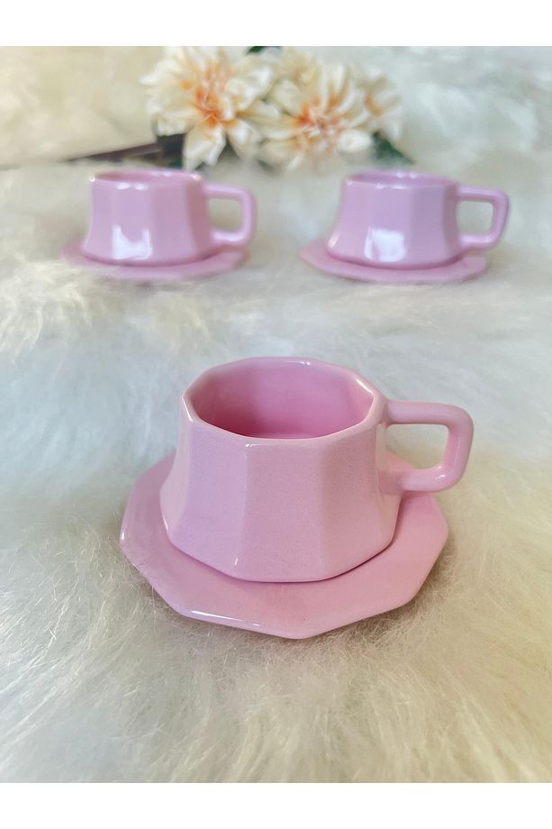 Köşeli Kahve Fincanı 3 Adet - Pembe - 3