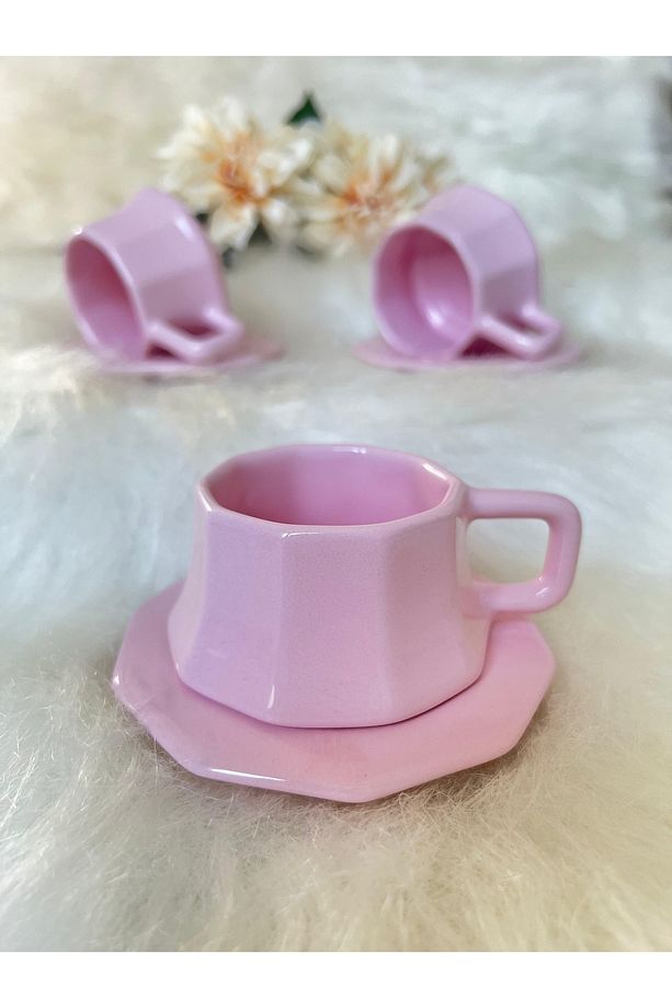 Köşeli Kahve Fincanı 3 Adet - Pembe - 2