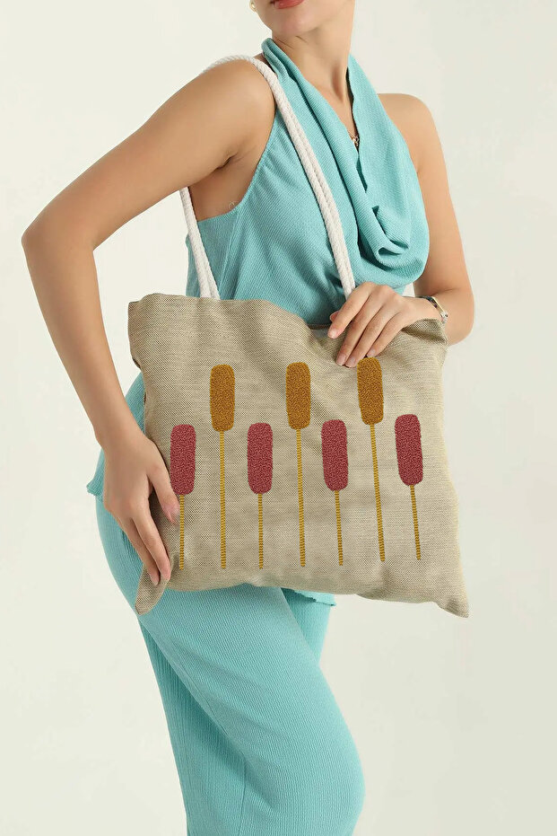 Punch Embroidered Canvas Fabric Beach and Casual Shoulder Bag – Colorful Design, Durable Woven, Summer