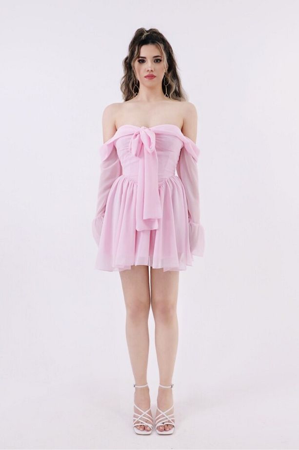 PEMBE ÖNÜ BAĞLAMALI UZUN KOLLU ŞİFON MİNİ ELBİSE - 5