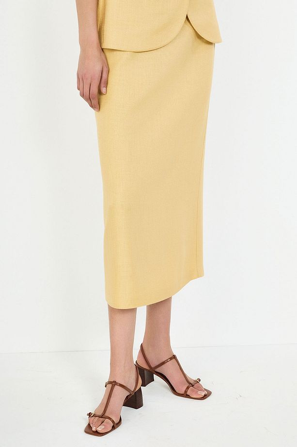Sarı Fit Kalem Midi Etek - 2