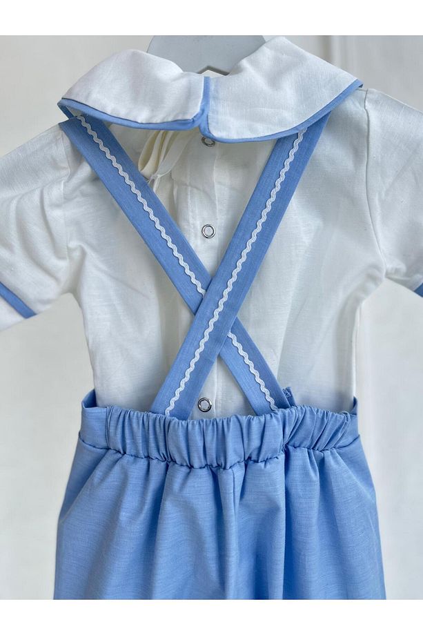 Erkek Bebek Çocuk Bebe Mavi Poplin Kumaş Şortlu Önlüklü Salopet Alt Üst Takım - 3