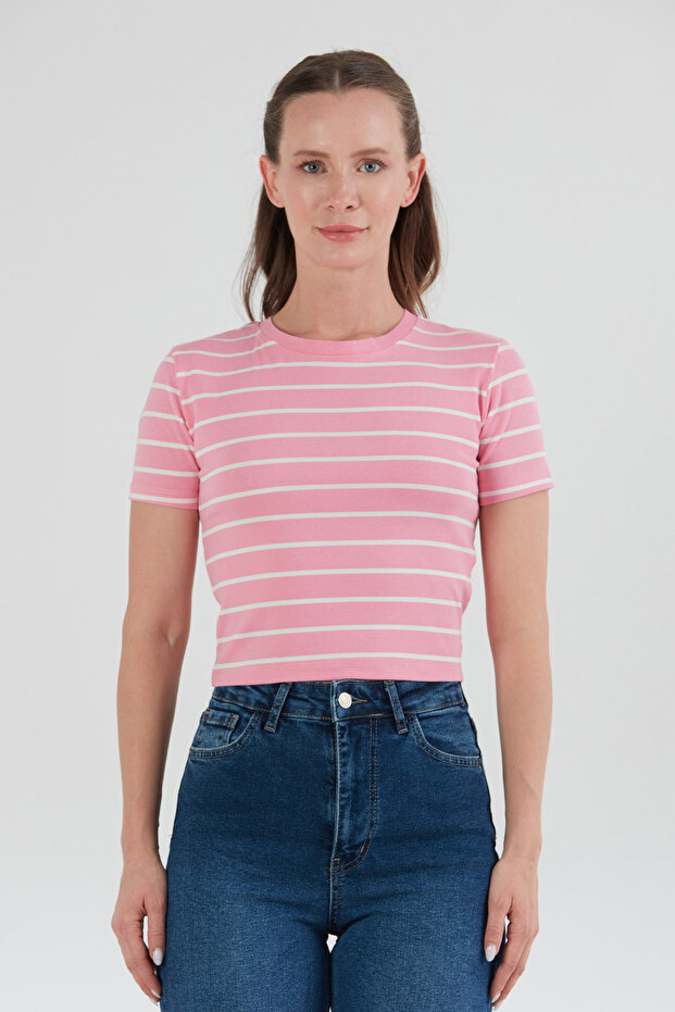 Basic Çizgili Crop Tişört - 6