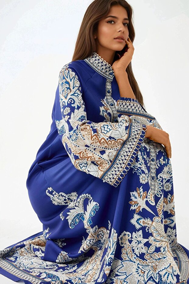 Desenli Kemerli Maxi Elbise - 3