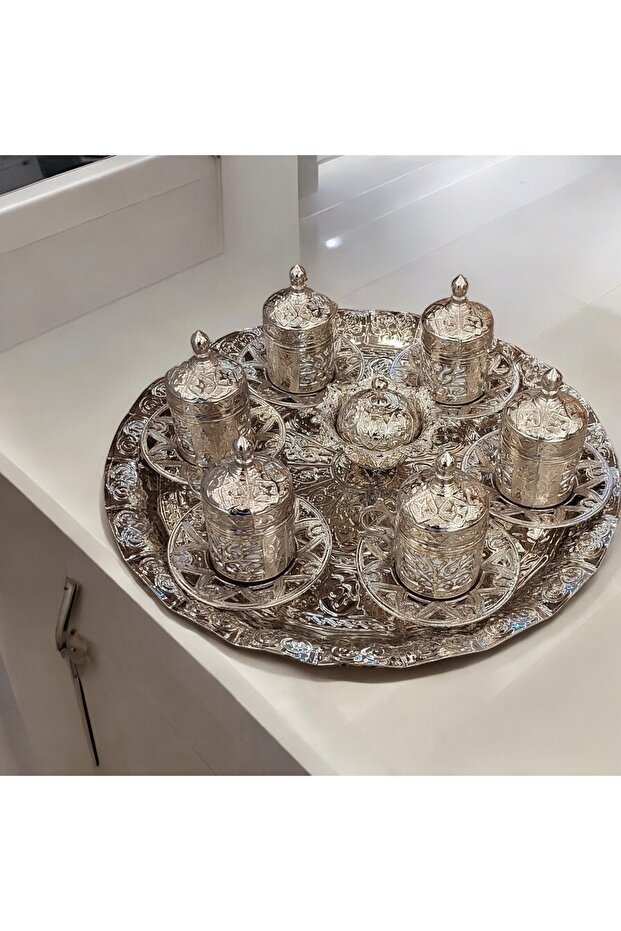 6 Kişilik Fincan Takımı Eskitme - Bakır Osmanlı Desenli Motifli Türk Kahvesi Kahve Fincanı - 5