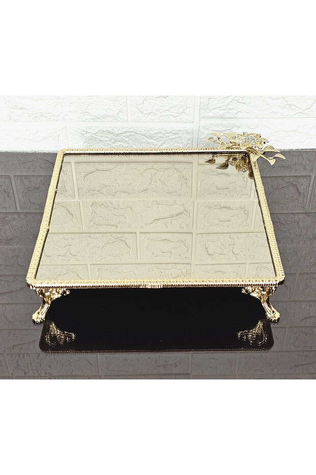 Bronze Glass Large Square Serving Plate 4 Feet-Presentation-Word Tray-Presentation Tray-Dump Gold Frame 27cm
