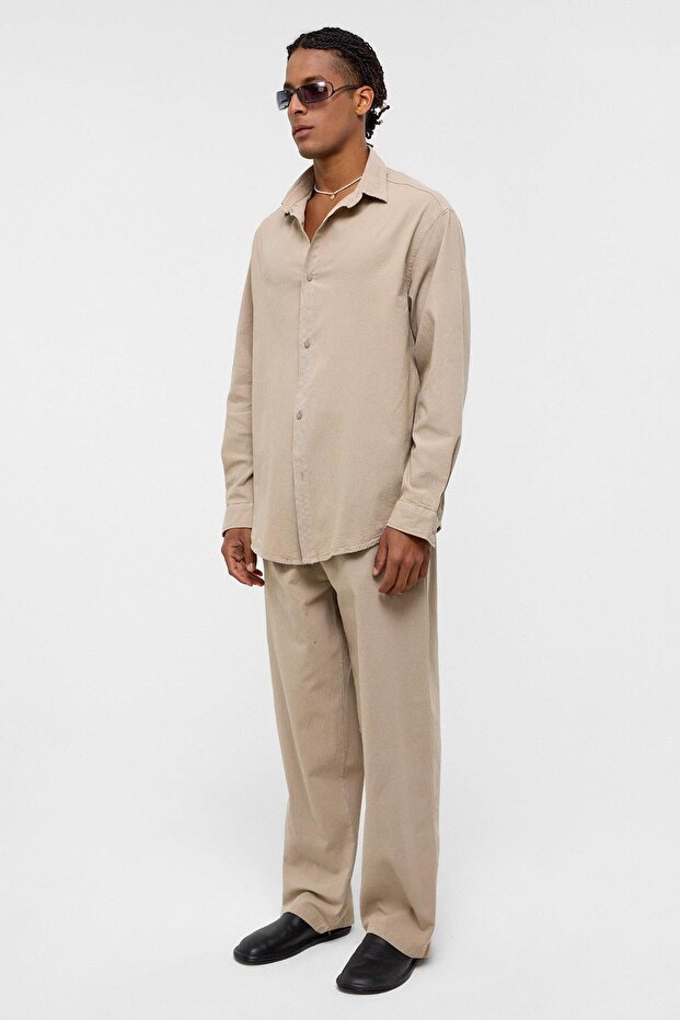 Basic Oversize Keten Takım Bej - 3