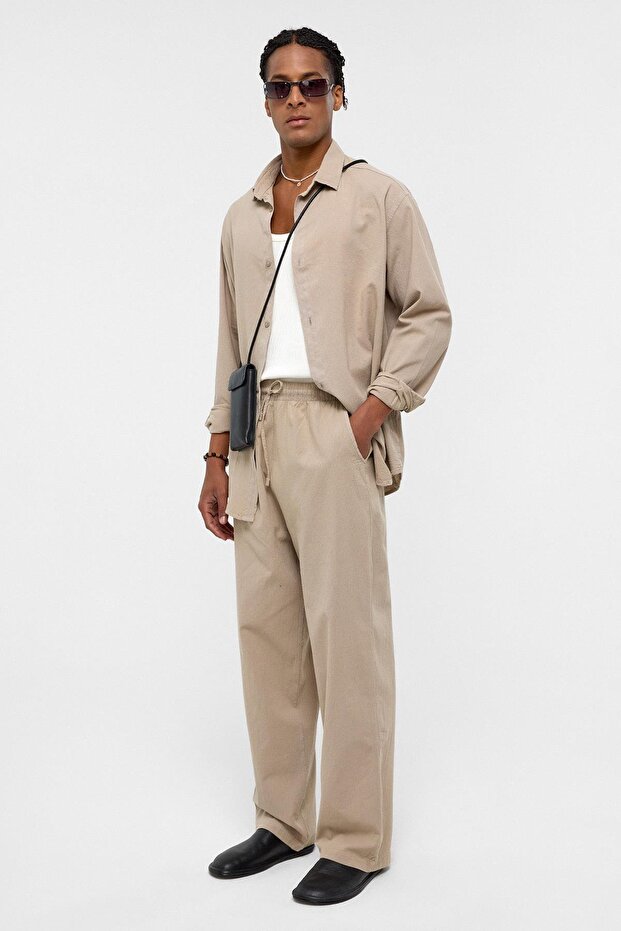 Basic Oversize Keten Takım Bej - 2