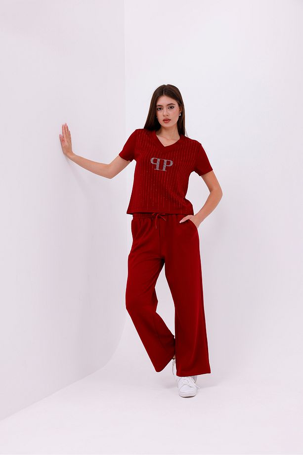 Kadın Taşlı Modal Kumaş Basic Kısa Kol Eşofman Takımı - 5