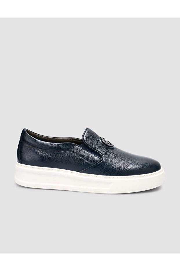 100% Genuine Leather Navy Blue Logo Detailed Men's Casual Shoes