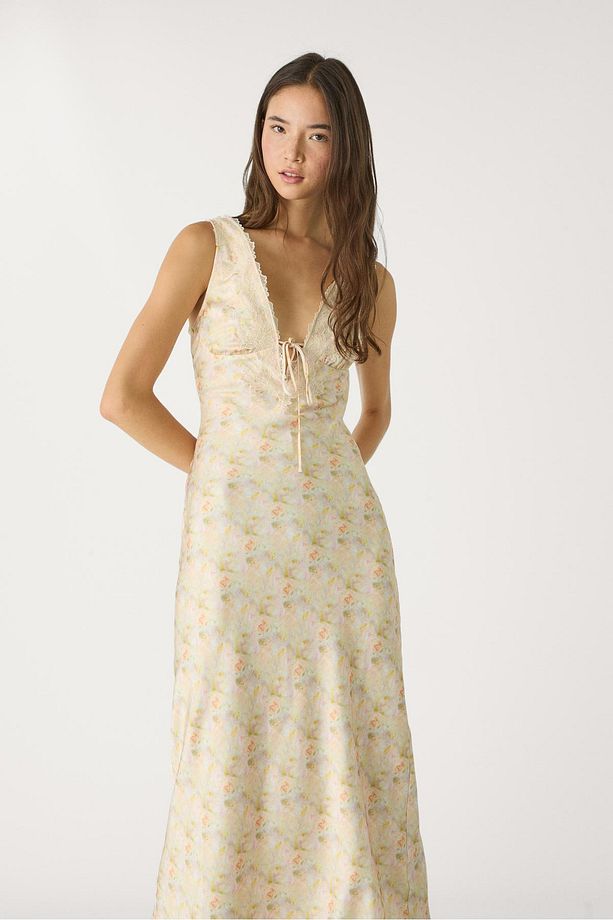 Saten Yüzeyli Dantel Midi Elbise - 4