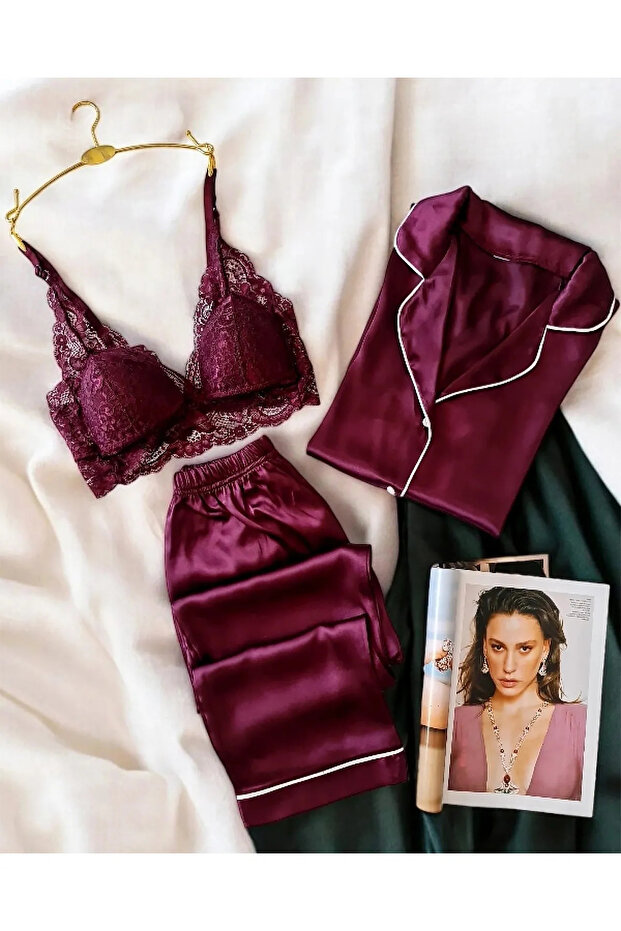 Sunshine Plum Satin Silk 3-Piece Shirt Pajamas Set 6733