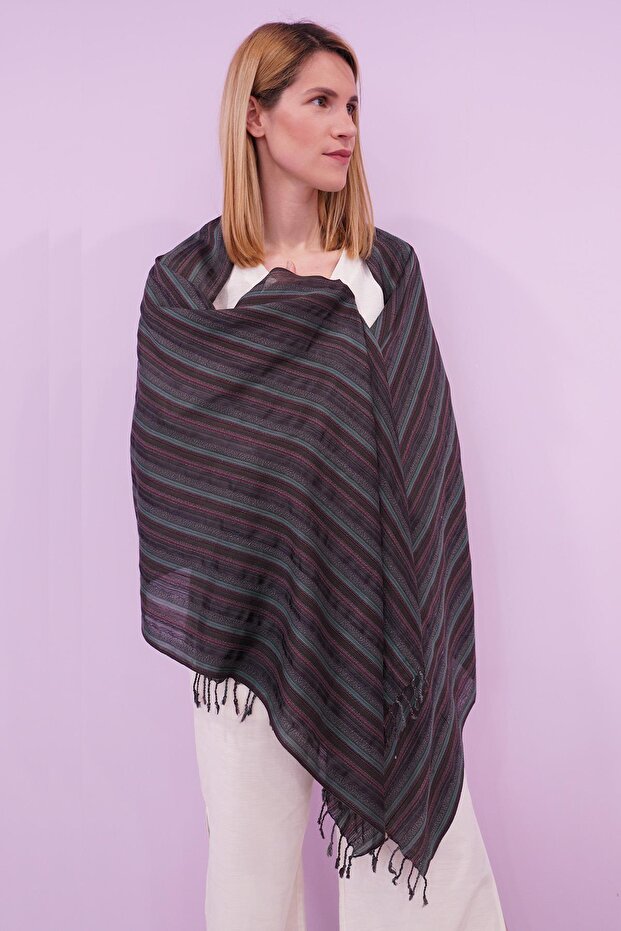 100% Silk Hand-Woven Striped Shawl 60 X 200 cm - Khaki